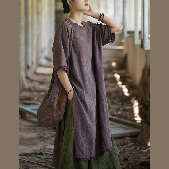 Buddha Stones Mid Length Dress Ramie Linen Half Sleeve Split Hem Top T-Shirt - image 28