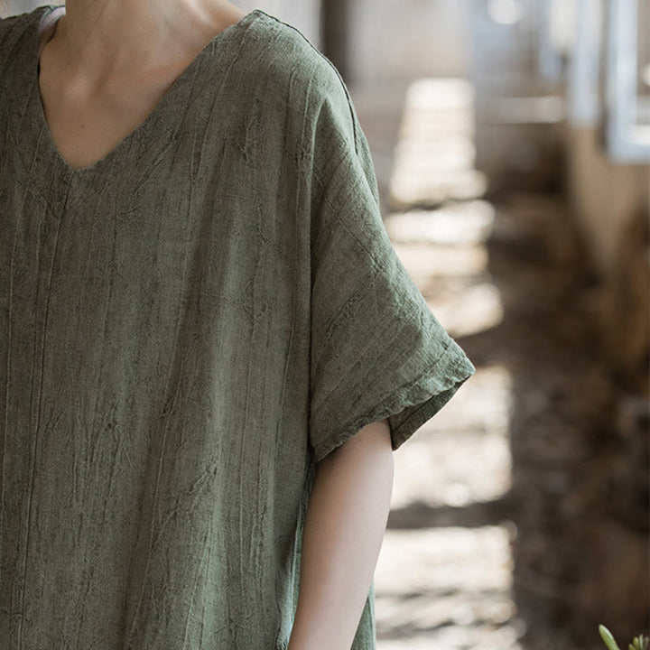 Buddha Stones Handmade Tie Dye V-Neck Midi Dress Linen Short Sleeve Dress - image 5