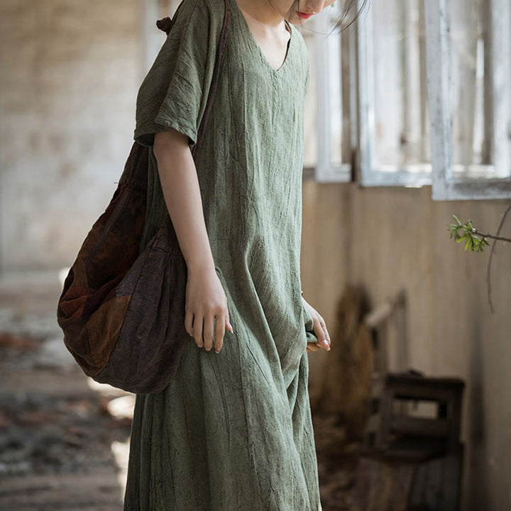 Buddha Stones Handmade Tie Dye V-Neck Midi Dress Linen Short Sleeve Dress - image 3