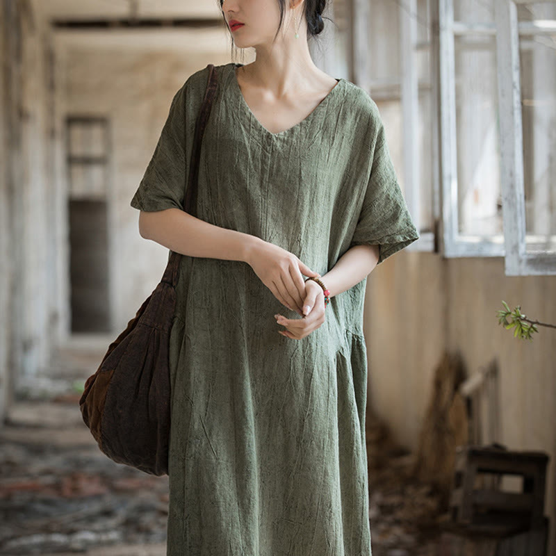 Buddha Stones Handmade Tie Dye V-Neck Midi Dress Linen Short Sleeve Dress - image 4