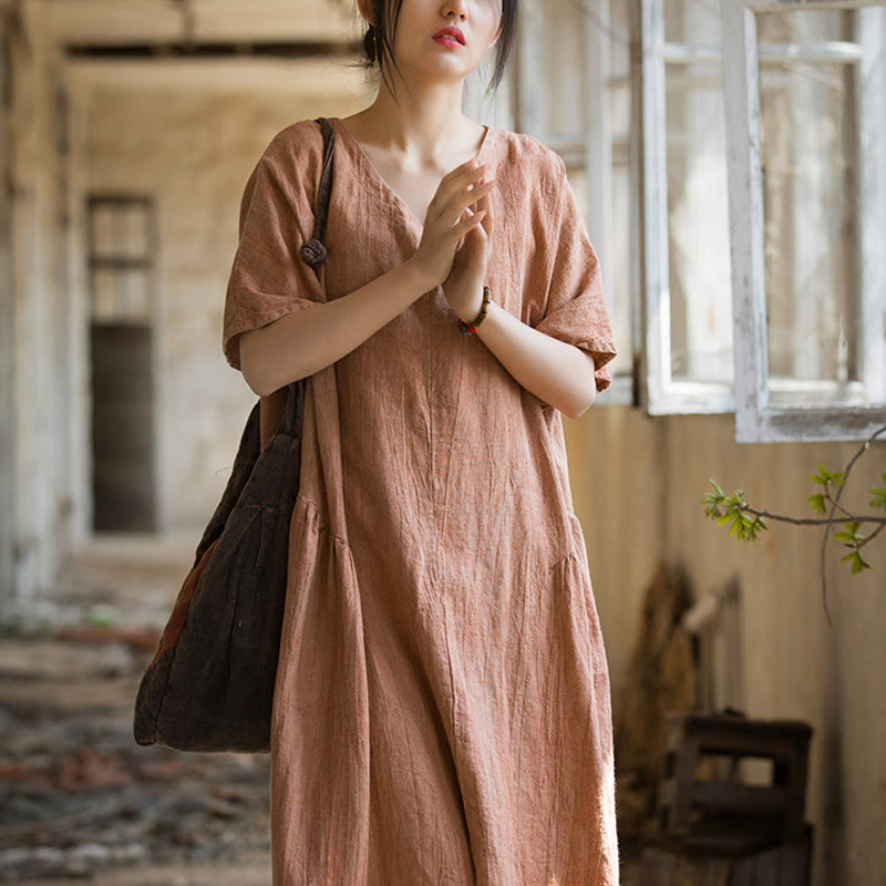 Buddha Stones Handmade Tie Dye V-Neck Midi Dress Linen Short Sleeve Dress - image 10