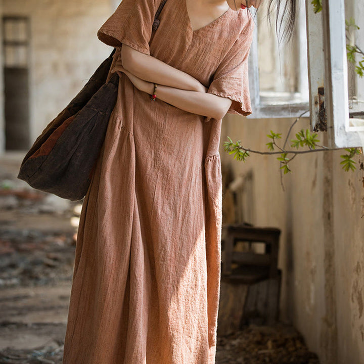 Buddha Stones Handmade Tie Dye V-Neck Midi Dress Linen Short Sleeve Dress - image 14