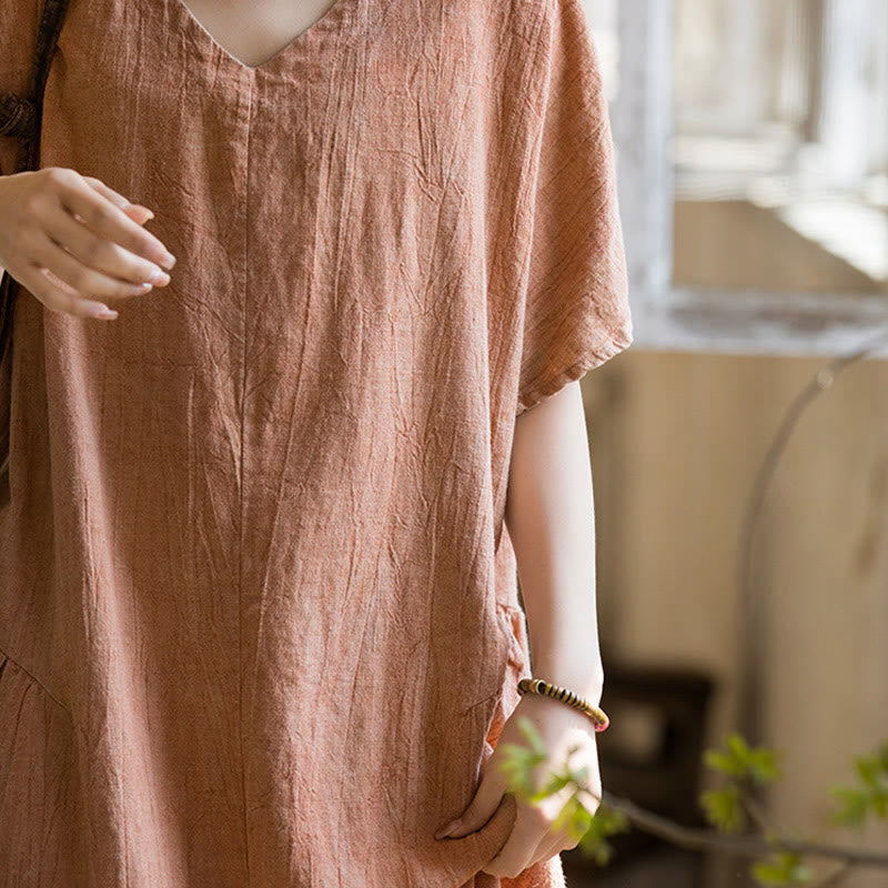 Buddha Stones Handmade Tie Dye V-Neck Midi Dress Linen Short Sleeve Dress - image 16