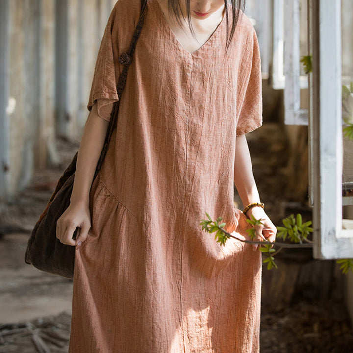 Buddha Stones Handmade Tie Dye V-Neck Midi Dress Linen Short Sleeve Dress - image 15