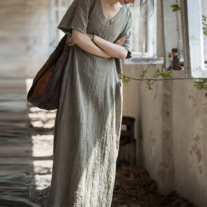 Buddha Stones Handmade Tie Dye V-Neck Midi Dress Linen Short Sleeve Dress - image 24