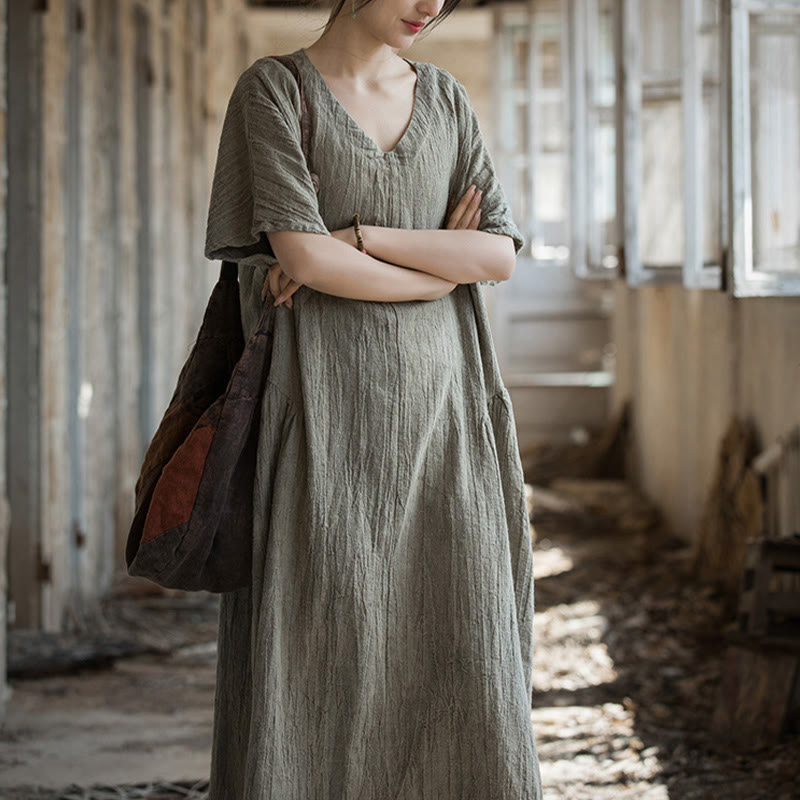 Buddha Stones Handmade Tie Dye V-Neck Midi Dress Linen Short Sleeve Dress - image 23