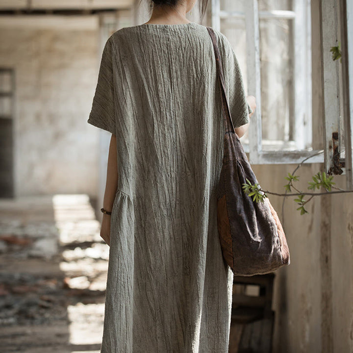 Buddha Stones Handmade Tie Dye V-Neck Midi Dress Linen Short Sleeve Dress - image 19