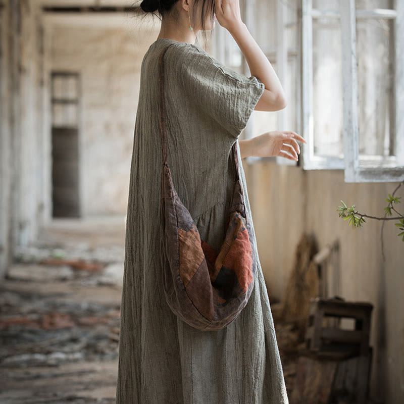 Buddha Stones Handmade Tie Dye V-Neck Midi Dress Linen Short Sleeve Dress - image 20