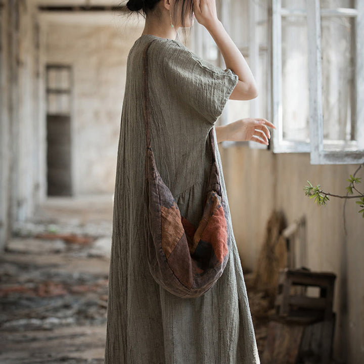 Buddha Stones Handmade Tie Dye V-Neck Midi Dress Linen Short Sleeve Dress - image 20