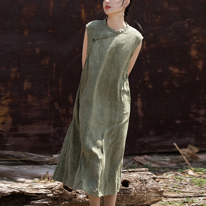 Buddha Stones Handmade Tie Dye Midi Dress Linen Sleeveless Dress - image 8