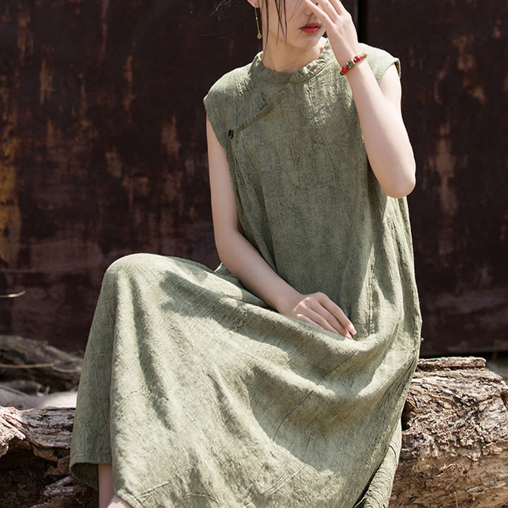 Buddha Stones Handmade Tie Dye Midi Dress Linen Sleeveless Dress - image 9