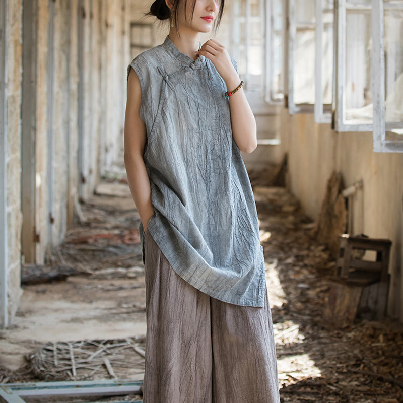 Buddha Stones Handmade Tie Dye Ramie Linen Frog-Button Sleeveless Vest - image 5