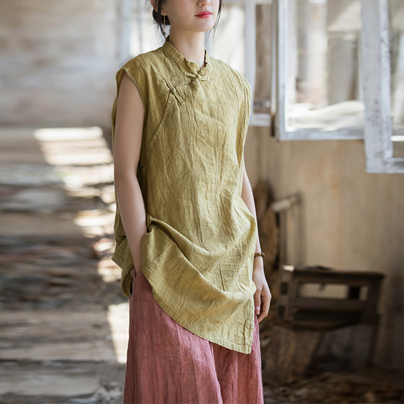 Buddha Stones Handmade Tie Dye Ramie Linen Frog-Button Sleeveless Vest - Yellow(Bust 112cm/Shoulder 42cm/Length 84cm)(Top Only) - image 14