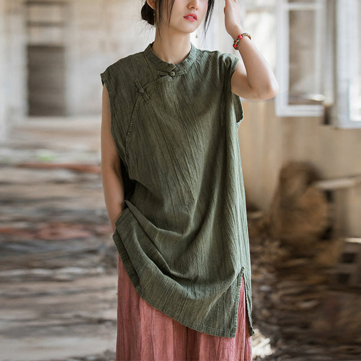Buddha Stones Handmade Tie Dye Ramie Linen Frog-Button Sleeveless Vest - Green(Bust 112cm/Shoulder 42cm/Length 84cm)(Top Only) - image 21