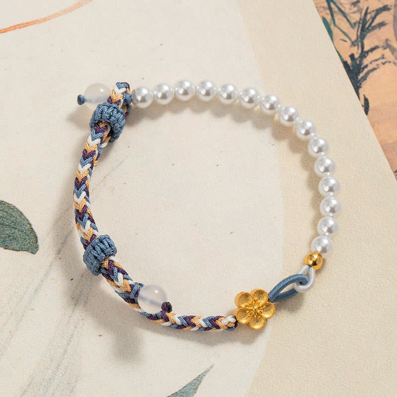 Buddha Stones 925 Sterling Silver Peach Blossom Pearl Chalcedony Healing Rope Bracelet - 23cm fit for Wrist Circumference 14-21cm - image 0
