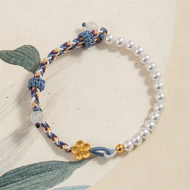 Buddha Stones 925 Sterling Silver Peach Blossom Pearl Chalcedony Healing Rope Bracelet - image 2