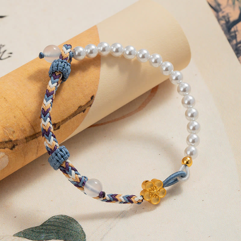 Buddha Stones 925 Sterling Silver Peach Blossom Pearl Chalcedony Healing Rope Bracelet - image 1