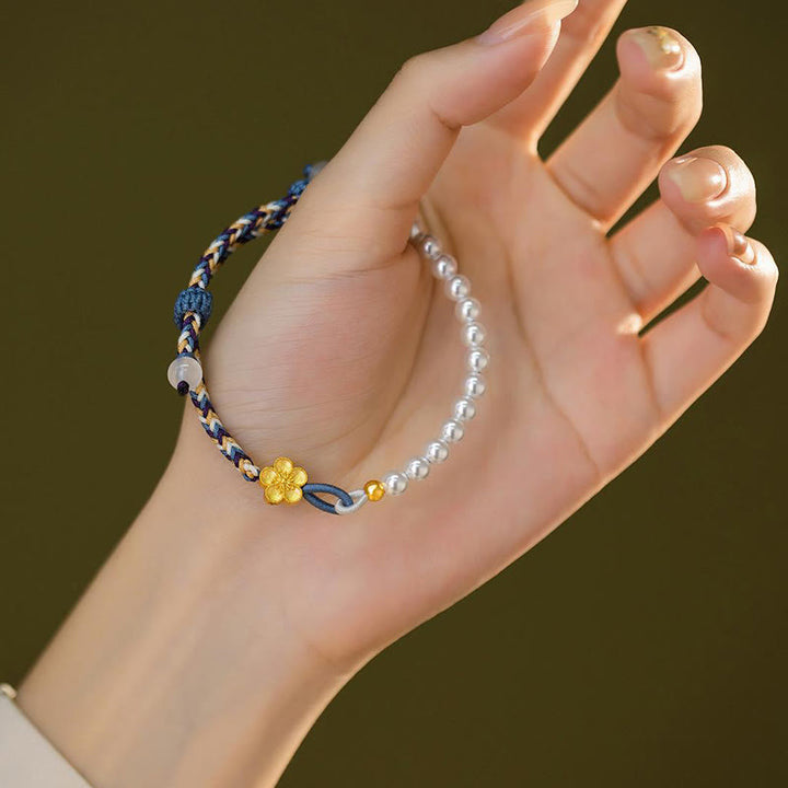 Buddha Stones 925 Sterling Silver Peach Blossom Pearl Chalcedony Healing Rope Bracelet - image 6