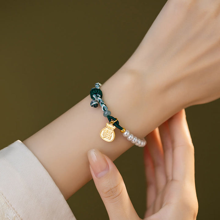 Buddha Stones 925 Sterling Silver Fu Character Lucky Bag Pearl Hetian Jade Wisdom Rope Bracelet - image 7