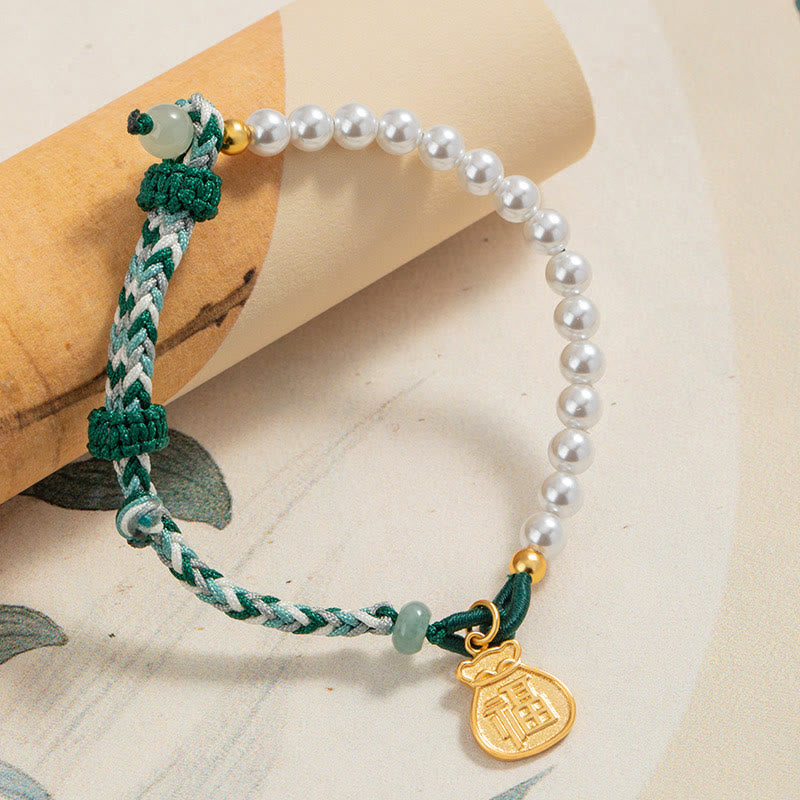 Buddha Stones 925 Sterling Silver Fu Character Lucky Bag Pearl Hetian Jade Wisdom Rope Bracelet - image 1