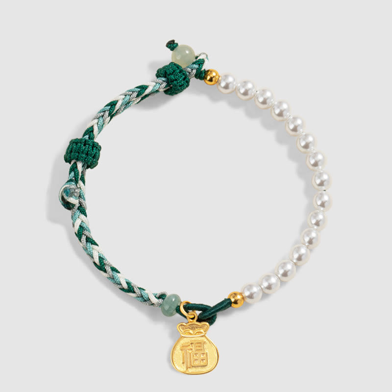 Buddha Stones 925 Sterling Silver Fu Character Lucky Bag Pearl Hetian Jade Wisdom Rope Bracelet - image 4