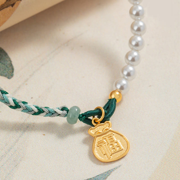 Buddha Stones 925 Sterling Silver Fu Character Lucky Bag Pearl Hetian Jade Wisdom Rope Bracelet - image 3