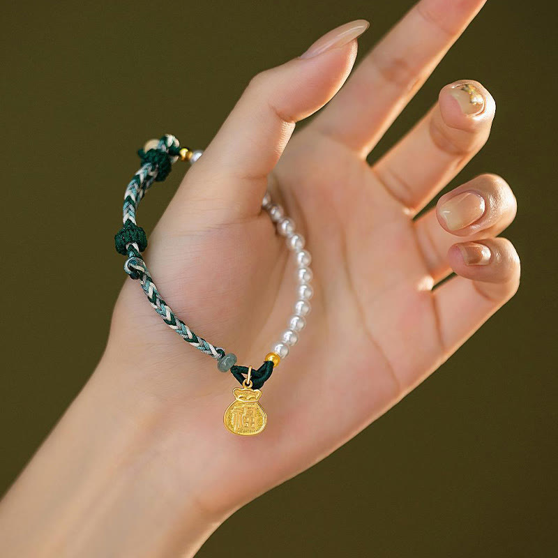 Buddha Stones 925 Sterling Silver Fu Character Lucky Bag Pearl Hetian Jade Wisdom Rope Bracelet - image 8