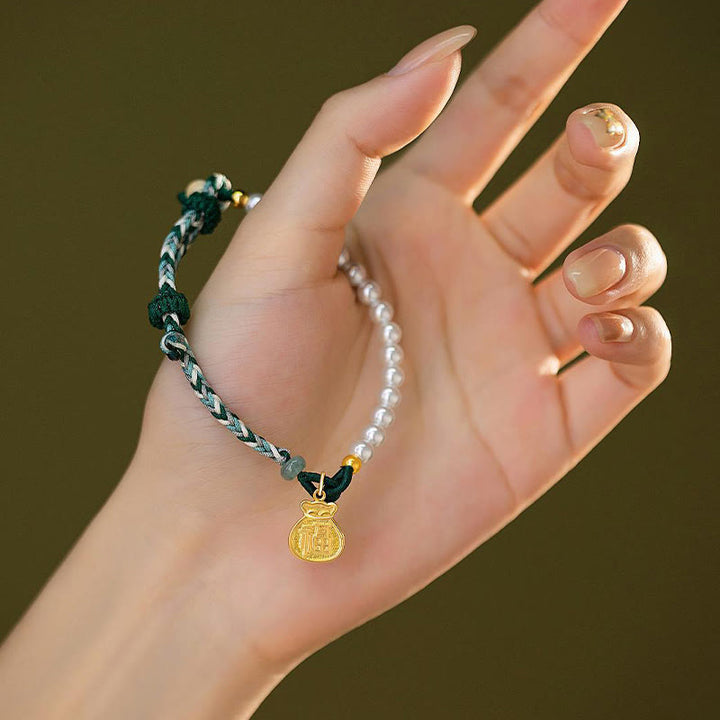 Buddha Stones 925 Sterling Silver Fu Character Lucky Bag Pearl Hetian Jade Wisdom Rope Bracelet - image 8