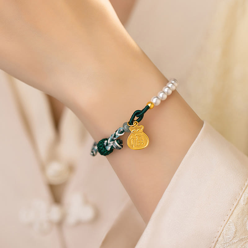 Buddha Stones 925 Sterling Silver Fu Character Lucky Bag Pearl Hetian Jade Wisdom Rope Bracelet - image 5