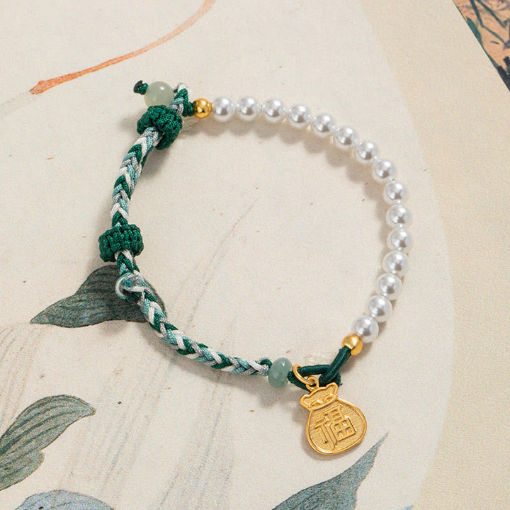 Buddha Stones 925 Sterling Silver Fu Character Lucky Bag Pearl Hetian Jade Wisdom Rope Bracelet - 23cm fit for Wrist Circumference 14-21cm - image 0