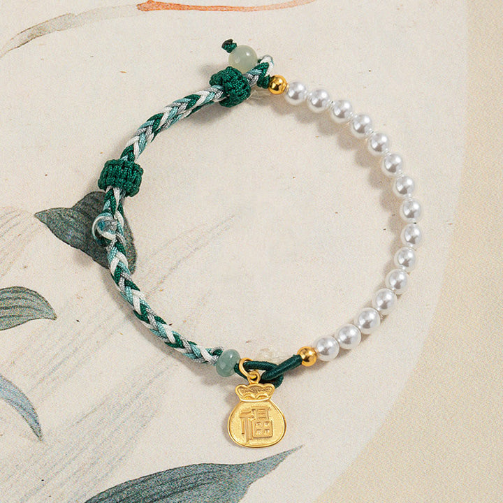 Buddha Stones 925 Sterling Silver Fu Character Lucky Bag Pearl Hetian Jade Wisdom Rope Bracelet - image 2