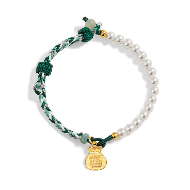 Buddha Stones 925 Sterling Silver Fu Character Lucky Bag Pearl Hetian Jade Wisdom Rope Bracelet - image 10