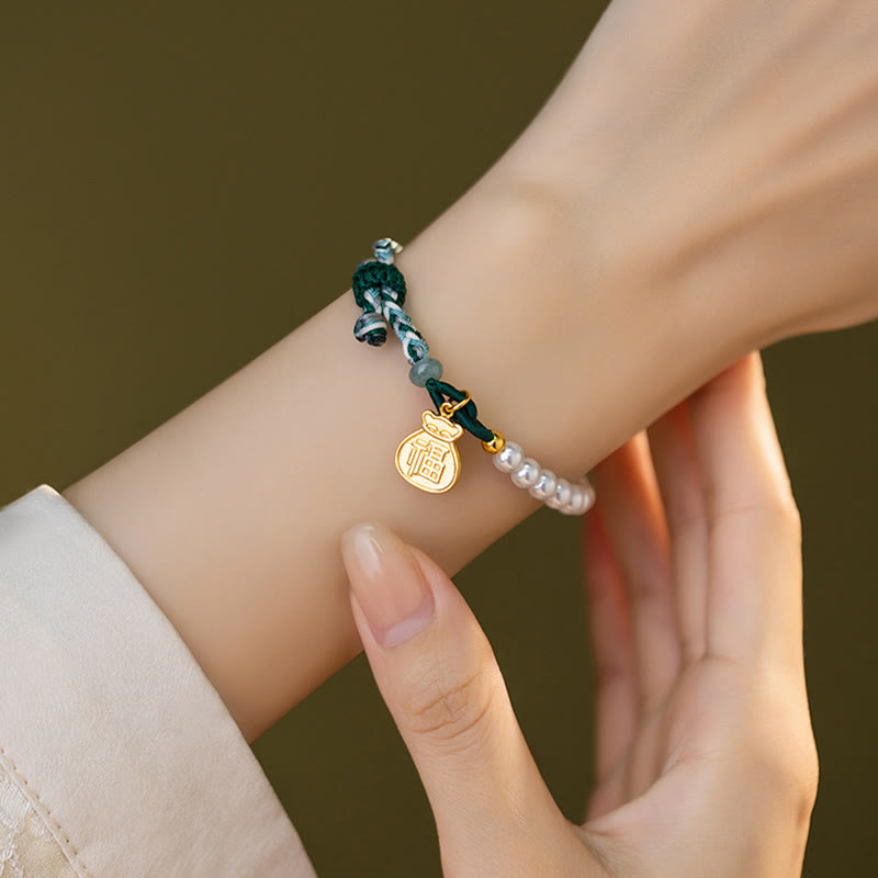 Buddha Stones 925 Sterling Silver Fu Character Lucky Bag Pearl Hetian Jade Wisdom Rope Bracelet - image 9