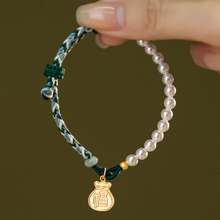 Buddha Stones 925 Sterling Silver Fu Character Lucky Bag Pearl Hetian Jade Wisdom Rope Bracelet - image 6