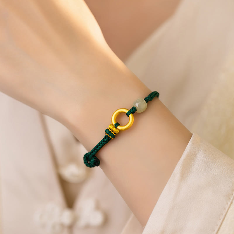 Buddha Stones 999 Sterling Silver Peace Buckle Hetian Jade Bead Luck Green Rope Braided Bracelet - image 4