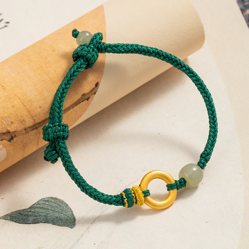 Buddha Stones 999 Sterling Silver Peace Buckle Hetian Jade Bead Luck Green Rope Braided Bracelet - image 1