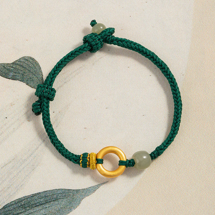 Buddha Stones 999 Sterling Silver Peace Buckle Hetian Jade Bead Luck Green Rope Braided Bracelet - image 2