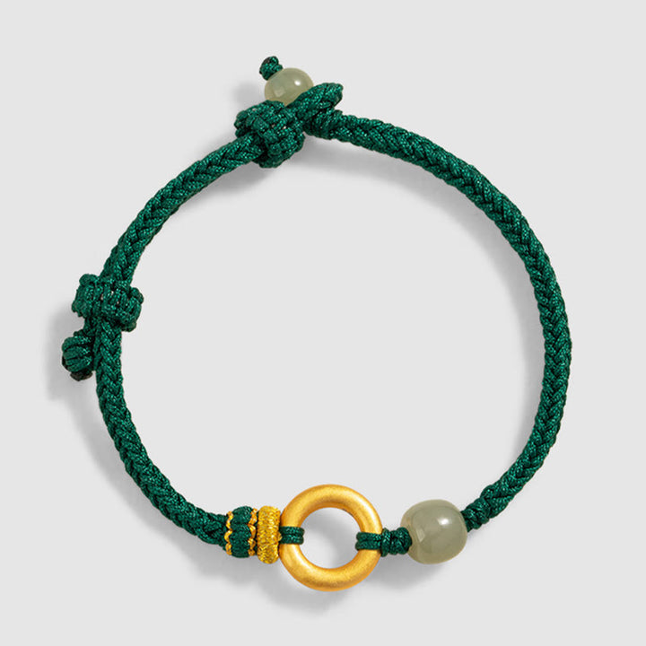 Buddha Stones 999 Sterling Silver Peace Buckle Hetian Jade Bead Luck Green Rope Braided Bracelet - image 3