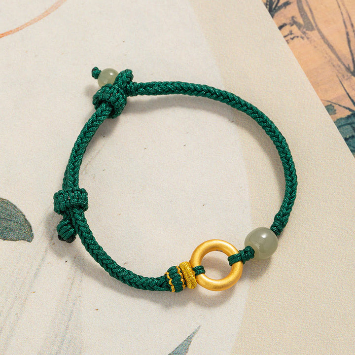 Buddha Stones 999 Sterling Silver Peace Buckle Hetian Jade Bead Luck Green Rope Braided Bracelet - 23cm fit for Wrist Circumference 14-21cm - image 0