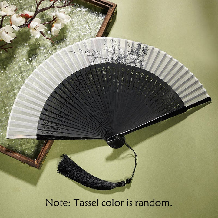 Buddha Stones Ancient Flowers Branches Handheld Bamboo Folding Fan 21cm - Flower Black Fan 21cm - image 0