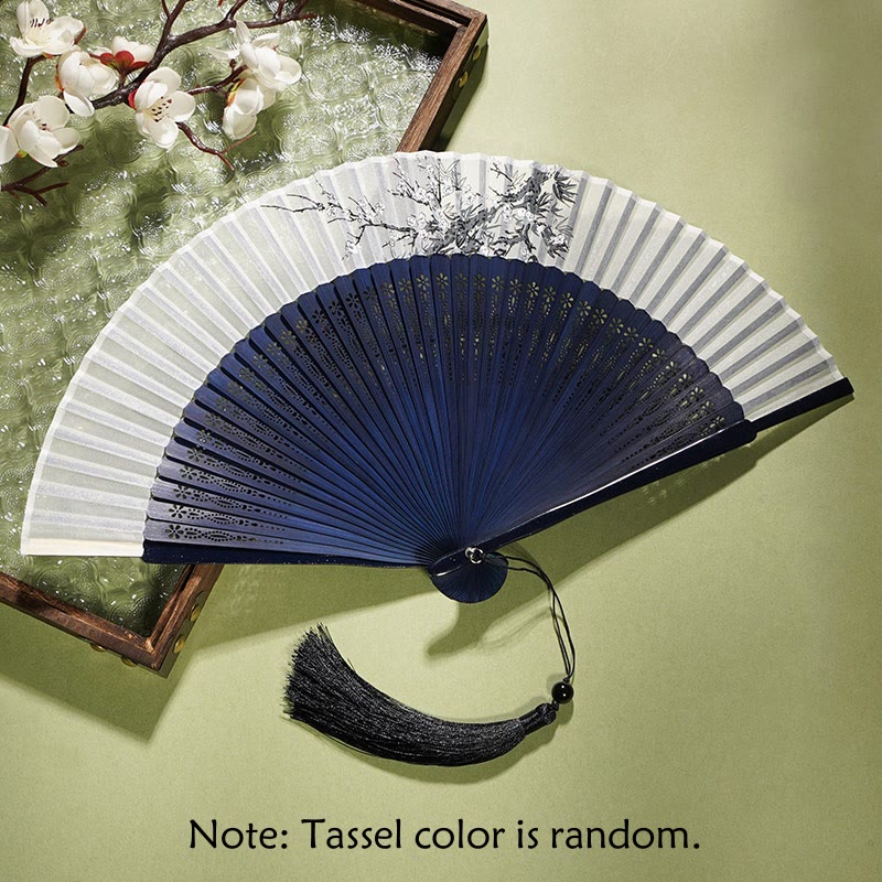 Buddha Stones Ancient Flowers Branches Handheld Bamboo Folding Fan 21cm - Flower Blue Fan 21cm - image 1