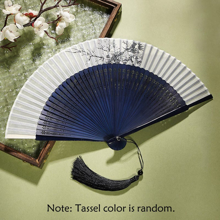 Buddha Stones Ancient Flowers Branches Handheld Bamboo Folding Fan 21cm - Flower Blue Fan 21cm - image 1
