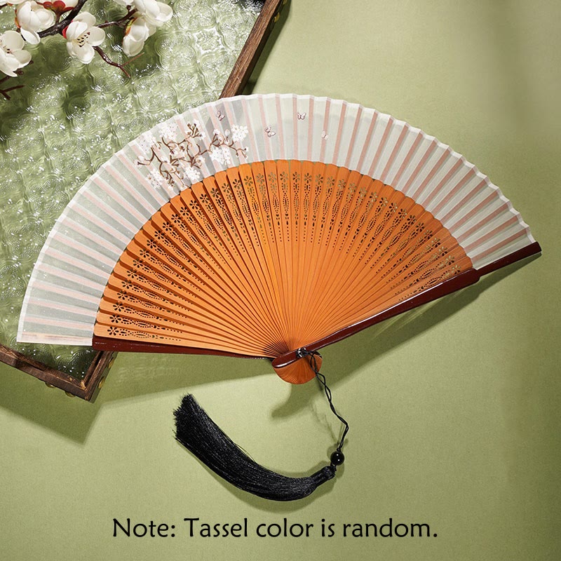 Buddha Stones Ancient Flowers Branches Handheld Bamboo Folding Fan 21cm - Flower Orange Fan 21cm - image 9