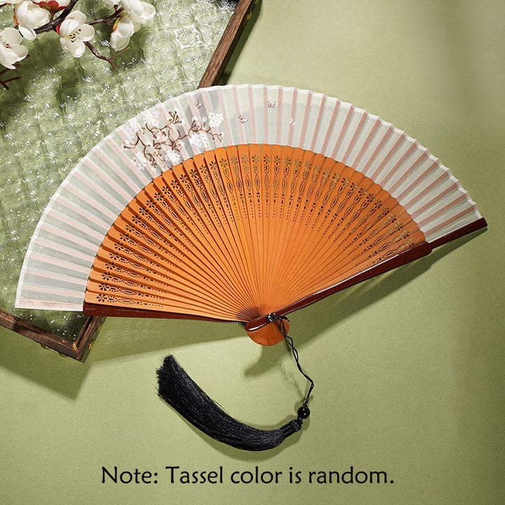 Buddha Stones Ancient Flowers Branches Handheld Bamboo Folding Fan 21cm - Flower Orange Fan 21cm - image 9