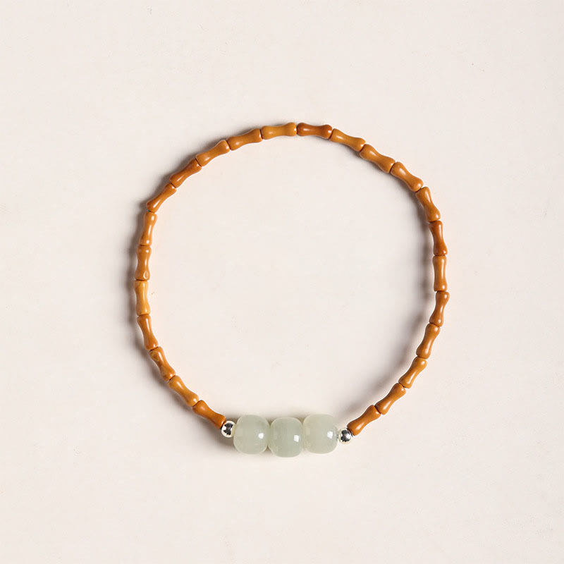 Buddha Stones Natural Olive Pit Bamboo Pattern Hetian Jade Beads Luck Bracelet - Olive Pit Hetian Jade Barrel Beads(Wrist Circumference 14-15cm) - image 1