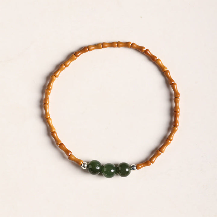 Buddha Stones Natural Olive Pit Bamboo Pattern Hetian Jade Beads Luck Bracelet - Olive Pit Hetian Cyan Jade Round Beads(Wrist Circumference 14-15cm) - image 8