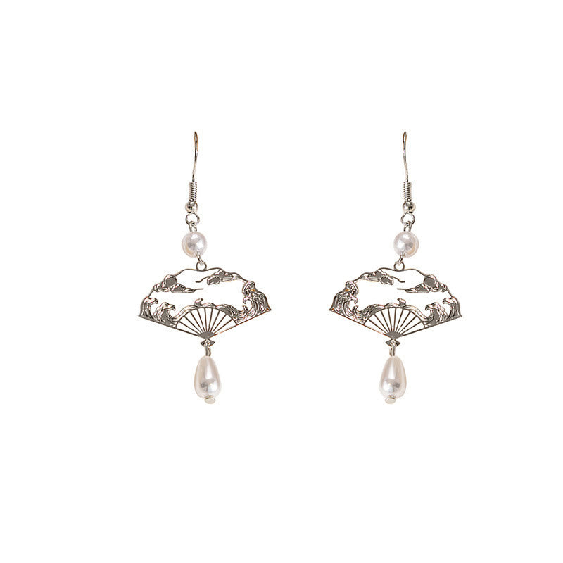 Buddha Stones Copper Fan Auspicious Clouds Pearl Healing Drop Earrings - image 13