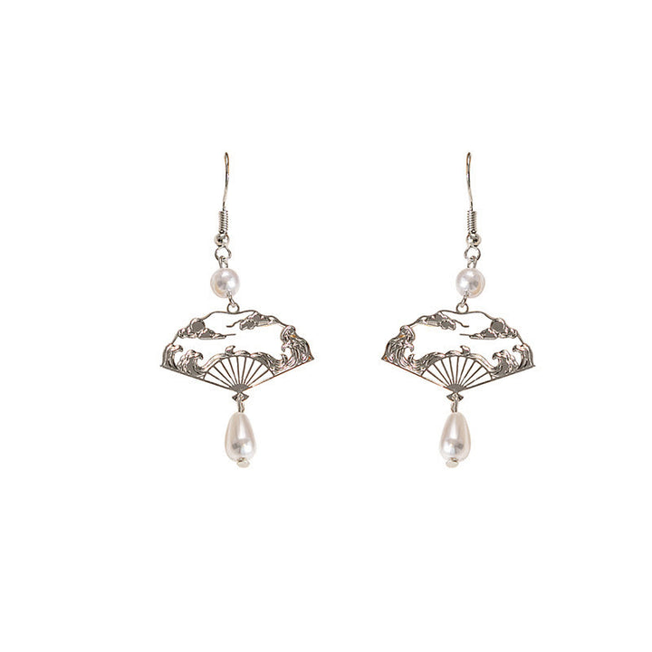 Buddha Stones Copper Fan Auspicious Clouds Pearl Healing Drop Earrings - image 13