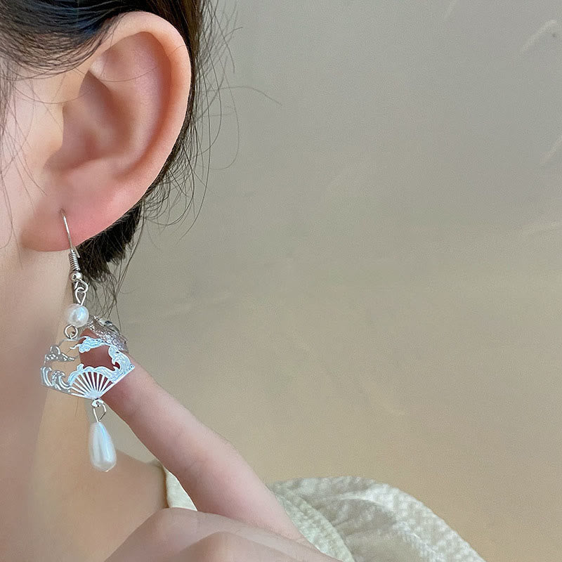Buddha Stones Copper Fan Auspicious Clouds Pearl Healing Drop Earrings - image 7