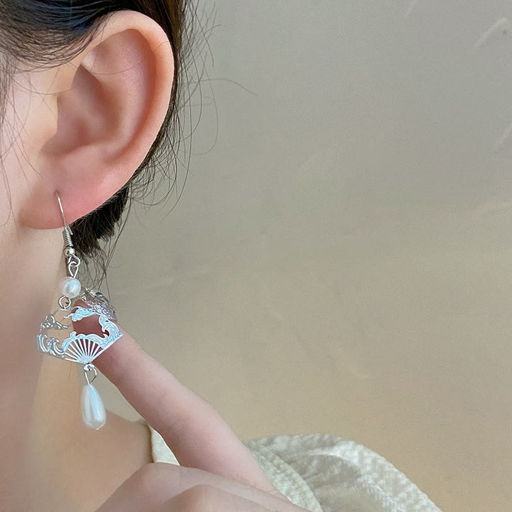 Buddha Stones Copper Fan Auspicious Clouds Pearl Healing Drop Earrings - image 7